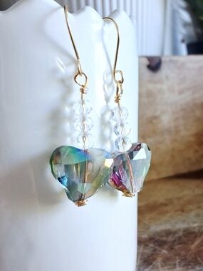 Handmade Gold Iridescent Heart Drop Earrings